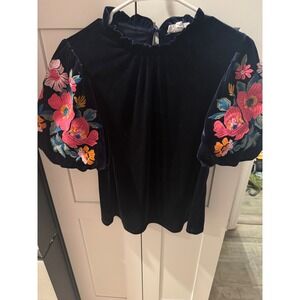 HML Navy Blue Velvet Floral Embroidered Puff Sleeve Ruffle Neck Top XS